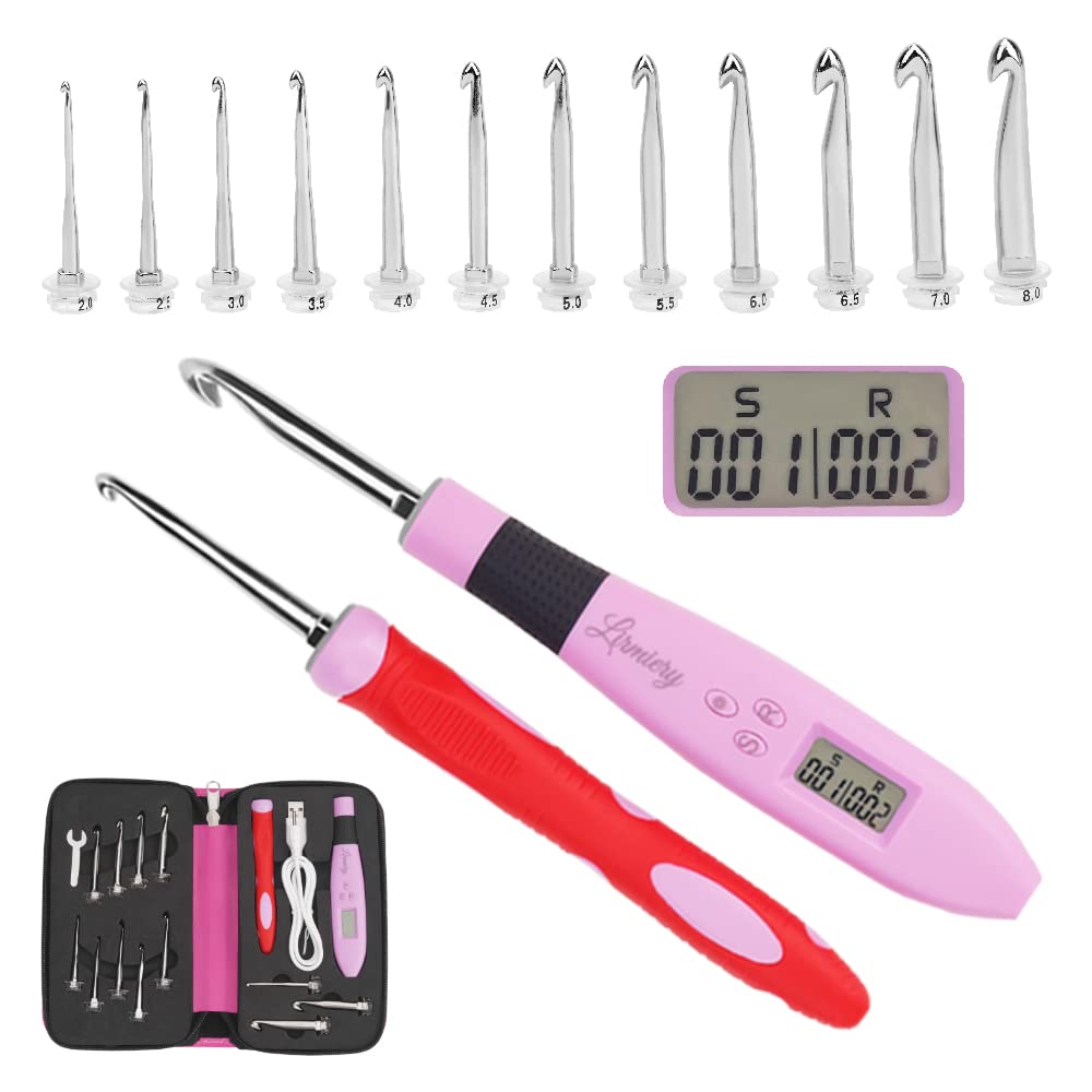 Juego de agujas de ganchillo ergonómicas digitales con LED y 2 niveles de brillo regulable y contador de puntadas digital, kit de punto para principiantes con 12 ganchos de ganchillo intercambiables
