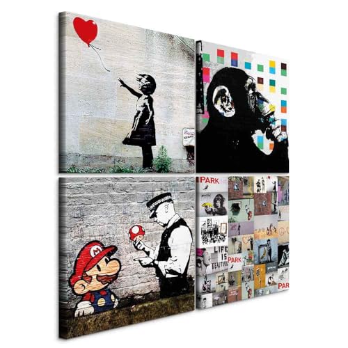 murando - Bilder Banksy 40x40 cm Vlies Leinwandbild 4 Teilig Kunstdruck modern Wandbilder XXL Wanddekoration Design Wand Bild – schwarz weiß AFFE Mario i-B-0057-b-a