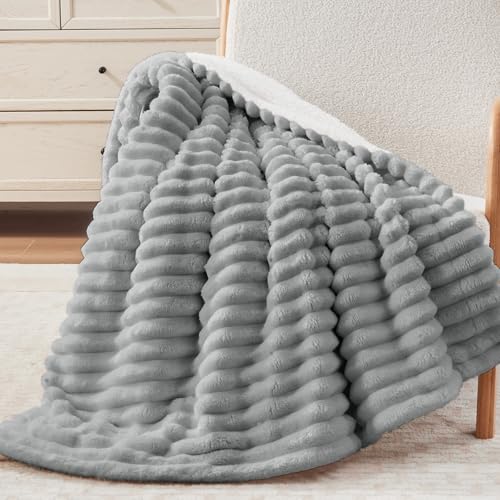 Vielit Sherpa Decke, Dicke Kuscheldecke Flauschig 150x200 cm XL, Extra Weich Cord Decke Grau Sofadecke überwurf, Große wohn- & kuscheldecken