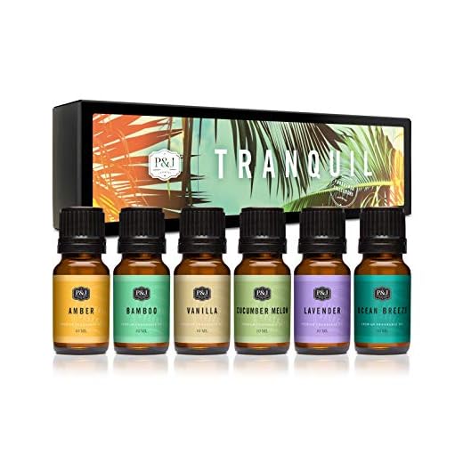 Tranquil Set of 6 Premium Grade Fragrance Oils - Vanilla, Cucumber Melon, Lavender, Amber, Bamboo, Ocean Breeze - 10ml
