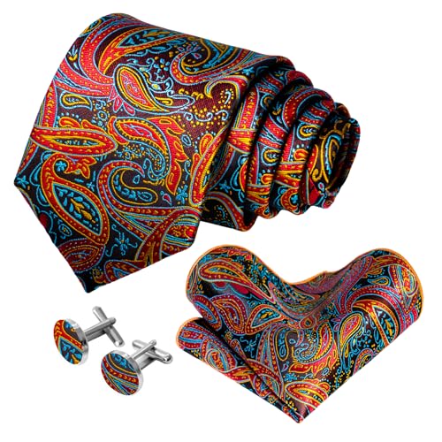 Image of 5PCS Mens Silk Tie, Pocket Square, Cufflinks, Drilled Tie Ring and Lapel Pin Set for Wedding Groom Party