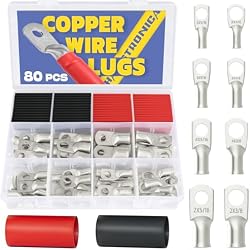 haisstronica 80PCS Tinned Copper Wire Lugs Kit,AWG 8 6 4 2 Heavy Duty Battery Cable Lugs,Eyelets Tubular Ring Terminal,Battery Terminals with 3:1 Heat Shrink Tube