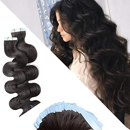 16 Inch Tape in Hair Extensions Human Hair Body Wavy Thin Long Hair 50g 20pcs/pack Seamless Skin Weft Glue in Wavy Human Hairpieces with Invisible Double Sided Tape #1B Natural Black