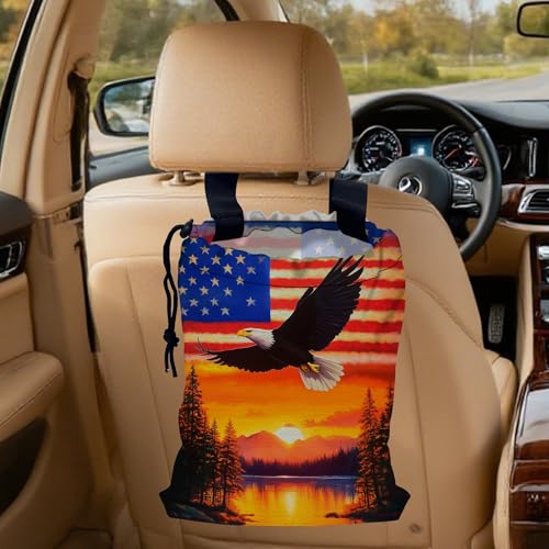Image of Bald Eagle on American Flag Car Trash Bag,Sunset Mountain Forest Hanging Drawstring Car Garbage Bag,Canvas Car Back Seat Organizer with Adjustable Buckle for Men and Women
