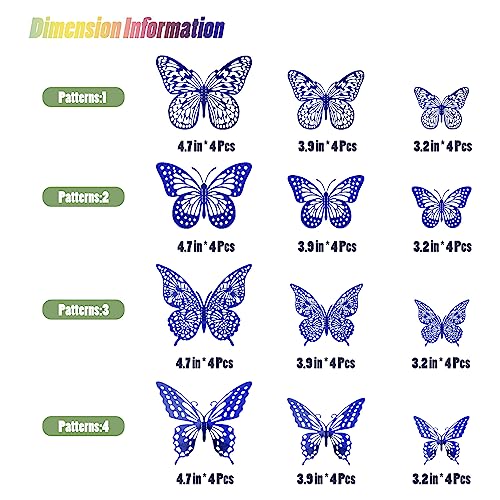 Image of SAOROPEB Butterfly Wall Stickers, 48 Pcs 4 Styles 3 Sizes, Metallic Paper, Removable, Navy Blue, Art Deco Decor for Wall