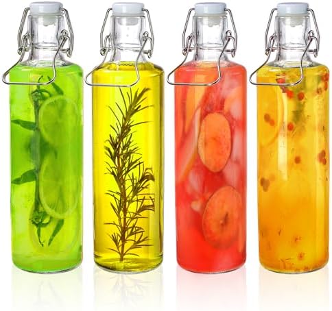 Cididu 4 Pack 33Oz Flip Top Bottles, 1L Airtight Swing Top Glass Bottle with Handle for Beer, Home Brewing, Kombucha, Juice, Carbonated Drink, Vinegar, Oil, Mead, Leakproof, Dishwasher Safe