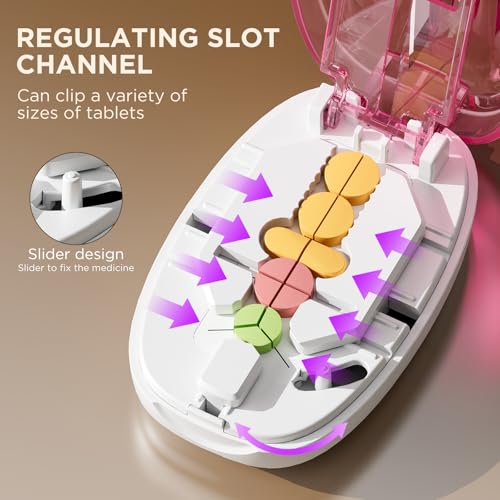 Image of Pill Cutter Splitter for Small and Tiny Pills, 1 /2 1 /4 Pill Splitter for Small Pills,Tablets in Half or Quarters, Accurate and Easy Cutting, Stainless Steel Blade, Back Storage (Pink)