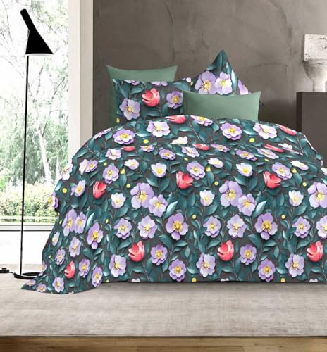 Image of DECOR2ADMIRE 300 TC Premium 7D Print Super King Size Cotton Bedsheet Set with 2 Pillow Covers | Ultra Soft 108 inch x 108 inch | Elegant Floral Designs (Emerald Bloom)