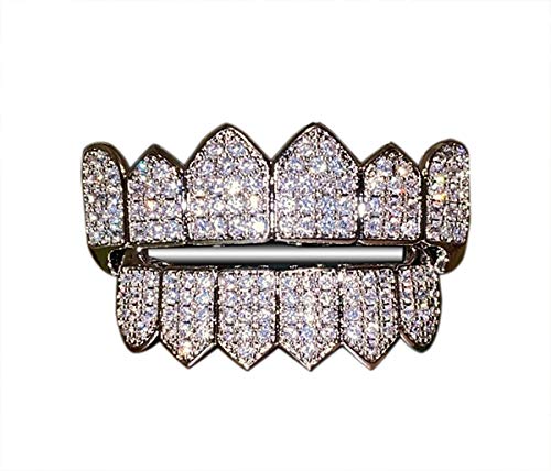 Joker White Gold Grillz Finish for Mouth Top Bottom Hip Hop Teeth Grills for Mouth Grillz for Mouth Top Bottom Hip Hop 8 Grills for Teeth Mouth Set - Teeth Cap, Iced Grillz (White, Top & Bottom Set)
