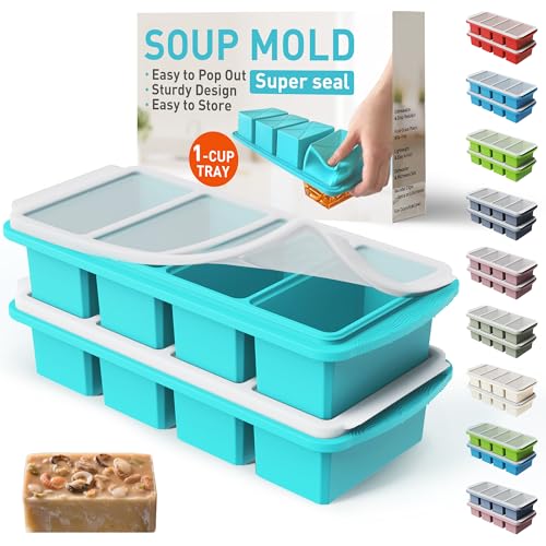 Silicone Freezer Tray With Lid Soup Freezer Container Molds with Steel Reinforced Rim Ice Cube Freezer Molds for Soup Sauce Leftovers Homemade Meal Prep Containers Portion Control Food Storage
