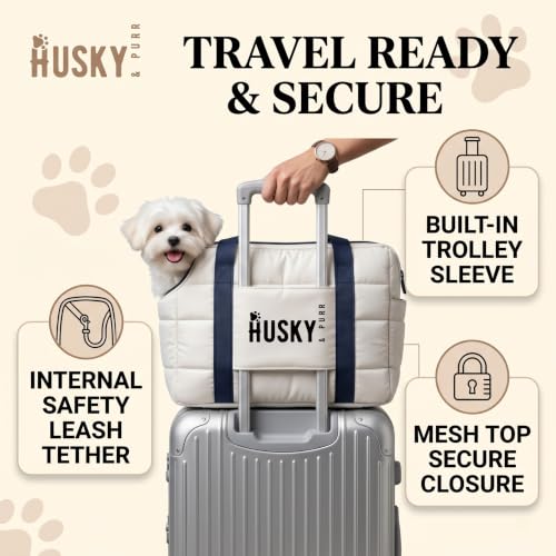 Image of Husky & Purr Pet Carrier Tote for Cats & Small Dogs | Soft Sided Cat Carrier | Waterproof Dog Carrying Bag | Travel Pet Bag with Mesh Top & Trolley Sleeve, Up to 6kgs