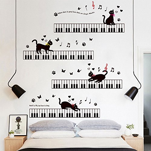 Wallpark Lindo Negro Gato Jugando Piano Diversión Vida Tema Gato Huellas Notas Musicales Desmontable Pegatinas de Pared Etiqueta de la Pared, Sala Dormitorio Hogar Decorativas DIY Arte Murales