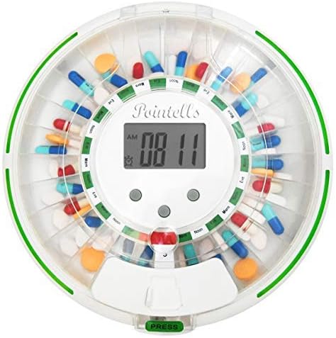 Pointells Automatic Pill Dispenser – 28-Day Portable Medication Planner and Organizer – Dispense Vitamins and Tablets Up 6 Times Per Day – Includes Flashing Light, Alarm and Safety Lock