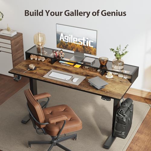 Image of Agilestic 48 x 24 Inches Electric Standing Desk with Storage, Adjustable Height Sit and Stand Computer Table with Glass Shelf, Splice Board, Rustic Brown