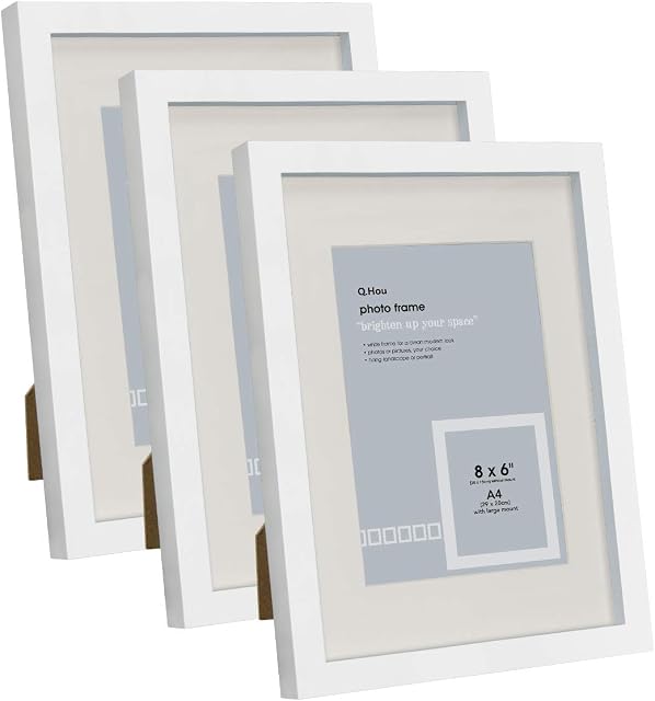 Q.Hou A4 White Picture Photo Frame with Mat, Mount for 8x6 or Certificate without Mat, 3 Packs, Real Glass Front, Freestanding and Wall Mountable(005UK-QH-PFA4-WHT)