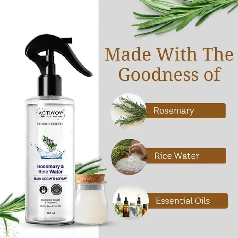 Image of ActiwowRx Rosemary Rice Water Spray for Hair Growth 100ml | Strengthen & Moisturize | Natural Scalp Care for Thicker, Healthier Hair | Ideal Leave-In Conditioner Alternative for All Hair Types