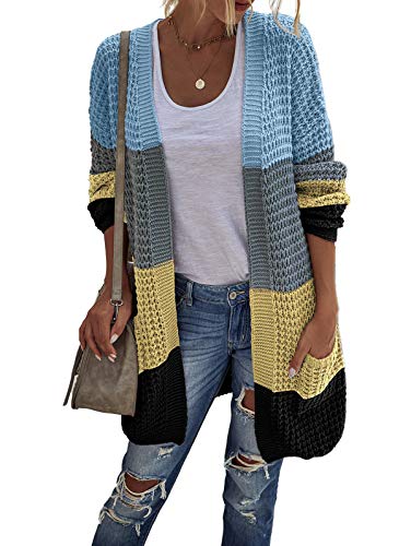TEMOFON Women' Knit Cardigan Long Sleeve Color Block Casual Cardigans Open Front Sweater Coats Yellow Blue XL