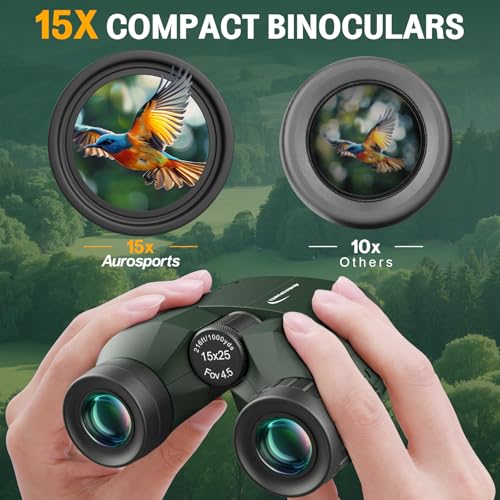 Image of Aurosports 15x25 Compact Binoculars for Adult Kids - High Power Binoculars for Bird Watching - Easy Focus Small Binocular with Low Light Vision for Travel, Camping, Concert, Hiking -Green