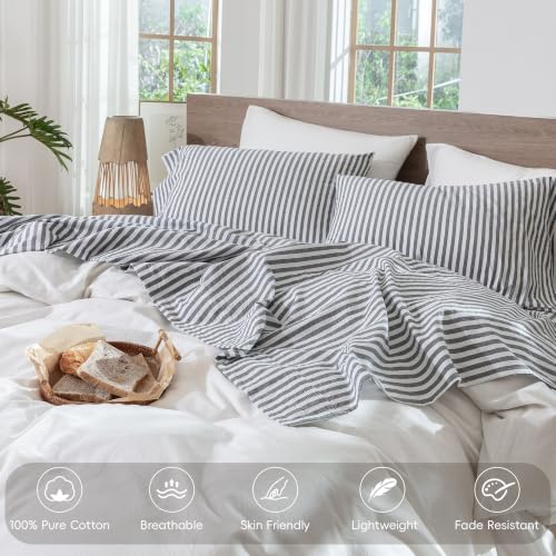 Image of MooMee Striped Sheet Set 100% Washed Cotton Linen Like King | Relaxed Linen-like Texture. Soft, Breathable & Lightweight Comfort. 15-19 inch Extra Deep Pocket with All-around Elastic