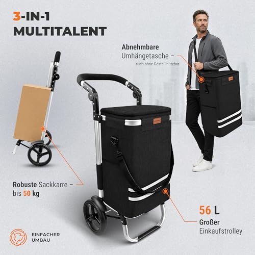Allyson® Einkaufstrolley Klappbar, Einkaufswagen mit 56L Kapazität & Wasserdichter Tasche...