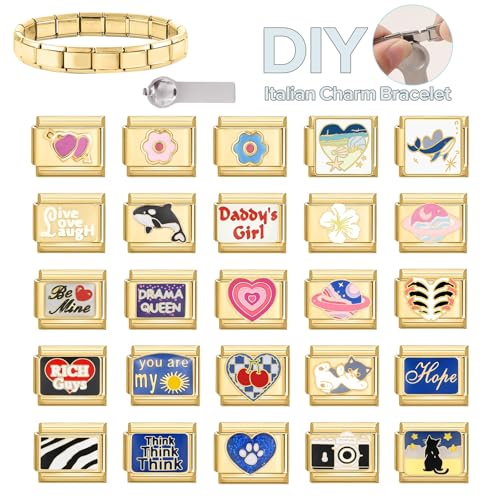 papasgix Custom Italian Charm Bracelet Charms Gold Set 10 Personalized Charm Brascelets 9mm Assorted Italian Charms Bracelet Links Handmade DIY Jewelry Cherry Strawberry Diamond3