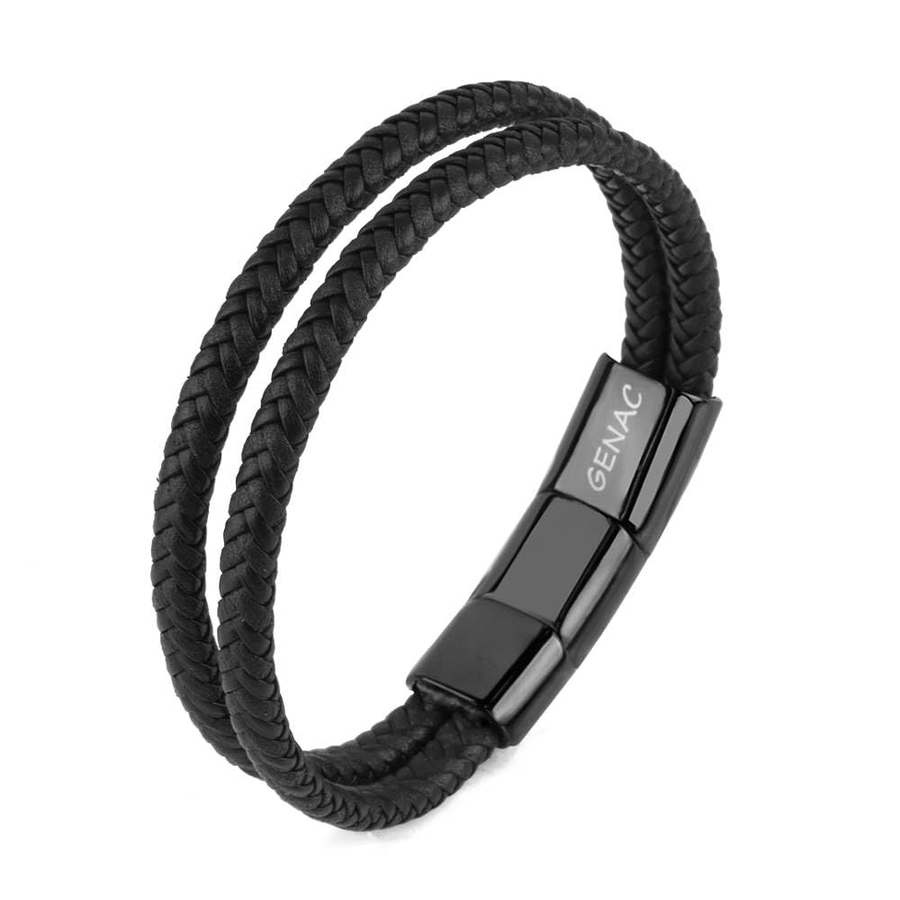 genacPulsera doble para hombre, de piel auténtica, trenzada, marrón y azul, con cierre magnético extraíble de acero inoxidable, para ajustar fácilmente la longitud.