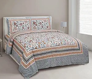 EasyGoods Ethnic Floral Bedsheet, 100% Cotton Bedsheet for Double Bed King Size, Double Bedsheet with 2 Pillow Covers | 240 TC Premium Traditional Rajasthani Jaipuri Flat Bed Sheet (90 x 108, Grey)