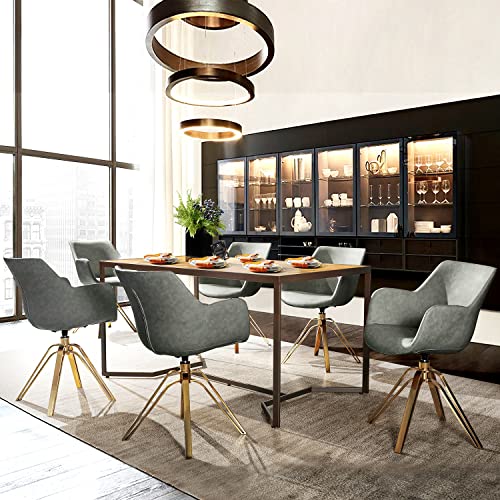 Artplan Swivel Side Chair No Wheels Arm Chair With Gold Metal Legs,Upholstered Sigle Mid-Century Modern Dinning Chair With Arm，Dark Grey #TOP2