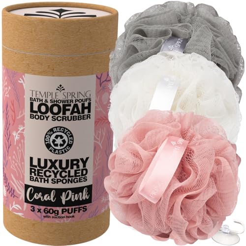 Temple Spring Loofah Shower Sponge, Recycled Body Scrubber Scrunchies, Exfoliating Bath Sponge, Shower Puff Bath Sponges for Adults, Loofah Back Scrubber Pouffe, Loofa Body Scrub Exfoliator Coral Pink
