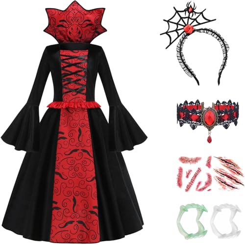 TRACYCY Mädchen Vampir Kostüm Mittelalterlich Vintage Vampir Königin Dämon Hexe Langarm Stehkragen Kleid mit Stirnband Halskette Gebiss Aufkleber für Halloween Karneval Party Verkleidung 5-14 Jahre