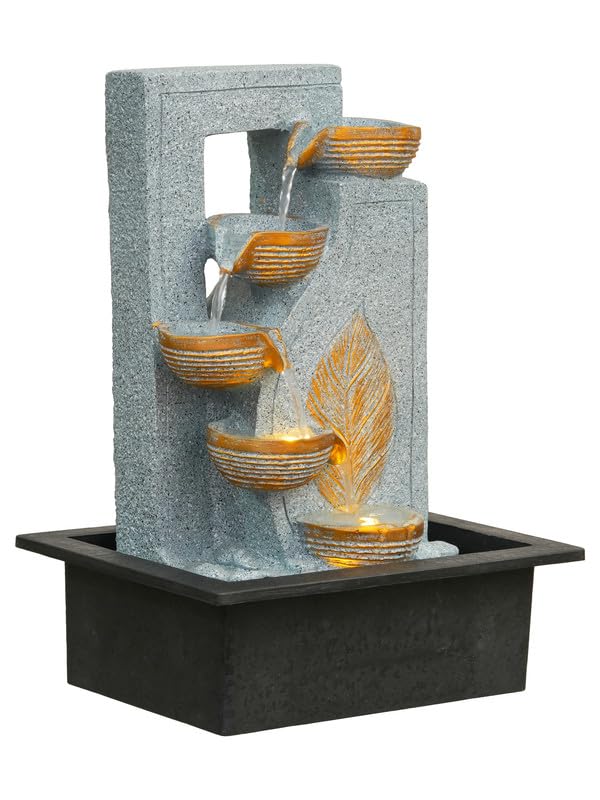 Image of Polyresin Table Top Grey 4 Diya Steps & Green Leaf Design Indoor Waterfall Fountain for Home Decor with LED Lights & Speed Controller Pump (Size: 40 x 29.5 x 22CM | Weight: 2250grm)
