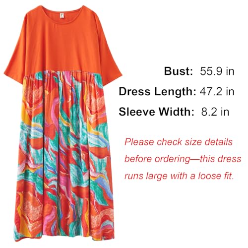 Image of Women's Oversized Dress Plus Size Summer Dress Artsy Print Pathwork | Loose, Oversized Cut Baggy Dresses. O Neck with Pockets. Breathable Viscose Fabric for Summer. Colorful Print Patchwork