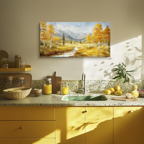 crmotu Autumn Landscape Wall Art, Birch Tree Forest Large Artwork, Mountain River Scenic Canvas Painting, Rustic Aesthetic Pictures Wall Decor Living Room Bedroom Bathroom Kitchen Art Prints 24x48inch