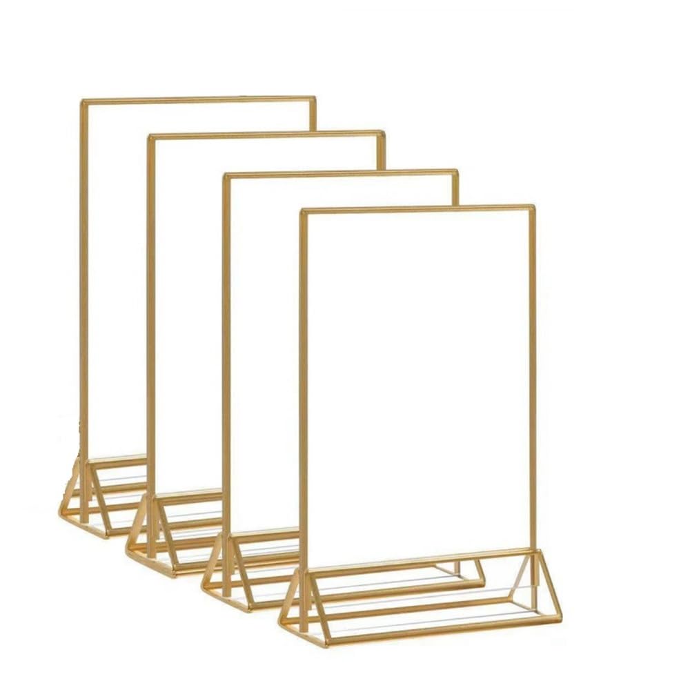 Aboiledy 4 Pcs Acrylic Sign Holder Gold Picture Frame, A6 Double Sided Table Menu Holders, Clear Display Stand, Table Number Stand, Acrylic Display Risers for Restaurant Signs,Wedding Table Numbers