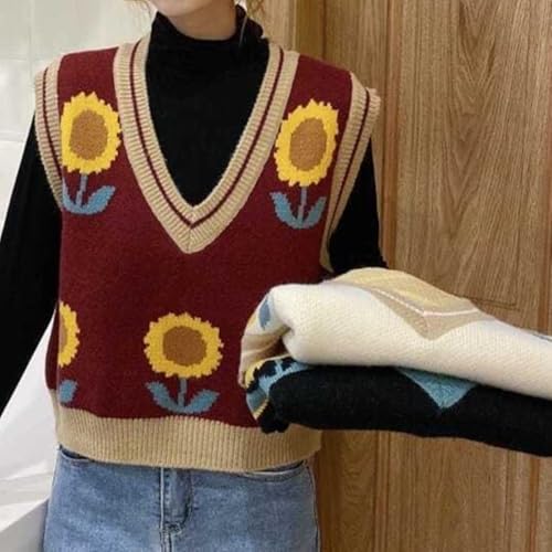 Image of Lunoakvo Women Pink Peach Flower Embroidery Knitted Sleeveless O-Neck Knitwear Sweater Vest