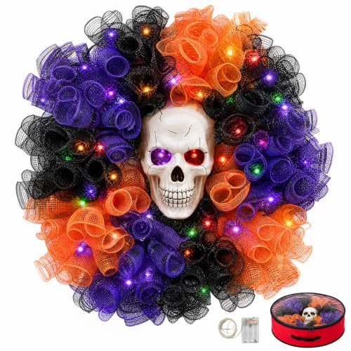 Wizcave 24 in Halloween Wreath with Skull and Color-Changing Lights - image 1