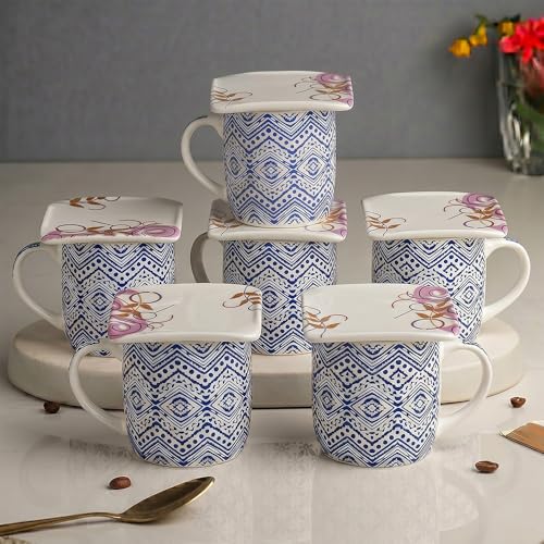 Image of U.P.C. Premium Bone China Ceramic Coffee Mug Set of 6 with 6 Coasters | Designer Tea & Coffee Cups |Printed Ceramic Mug Set | Tea Cups for Home,Office.