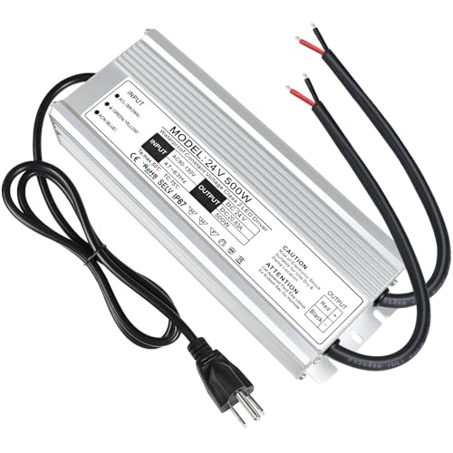 Image of LightingWill LED Driver 500 Watts Waterproof IP67 Power Supply Transformer, 90-140V AC to 24V DC Low Voltage Output, Adapter with 3-Prong Plug 3.3 Feet Cable for Outdoor Use, Computer Project