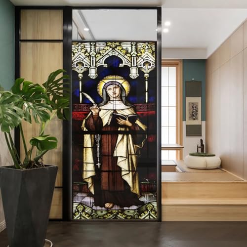 Church Style Stained Glass Window Film Decorative Privacy Non Adhesive Window Stickers for Home Office J21 100x200cm(39.4