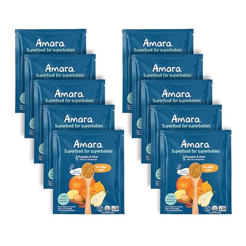 Image of Amara Organic Baby Food - Stage 2 - Pumpkin Pear - Baby Cereal to Mix With Breastmilk, Water or Baby Formula - Shelf Stable Baby Food Pouches Made from Organic Fruit and Veggies - 10 Pouches, 3.5oz Per Serving