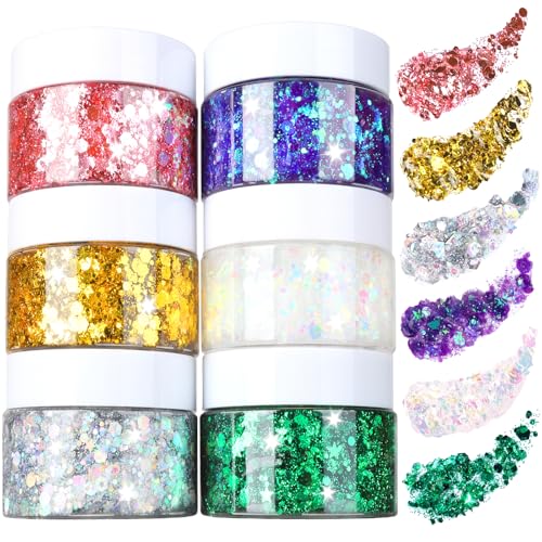 FANDAMEI Body Glitter Gel- 6 Color Glitter Makeup Face Paint for Body&Face&Hair, Rave Festival Mermaid Halloween Concert, Hair Glitter for Kids & Women