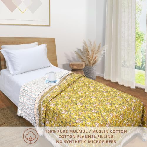 Image of TOAIArt Premium Jaipuri Dohar | AC Blanket Summer Quilt | Hand Block Printed | 3 Layers | Reversible | 150GSM 100% Mulmul Cotton | 100% Cotton Flannel Filling | Single 60 inch X 90 inch|MohanVan