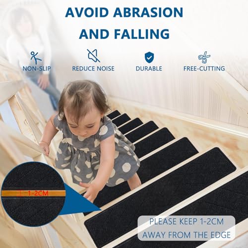 Stair Treads for Wooden Steps Indoor, 7 Pack 8" X 30" Non Slip Carpet Stair Treads with Reusable Adhesive for Kids Elders and Dogs, Surface Polyester TPR Backing Stair Rugs,Black - Thumbnail 4