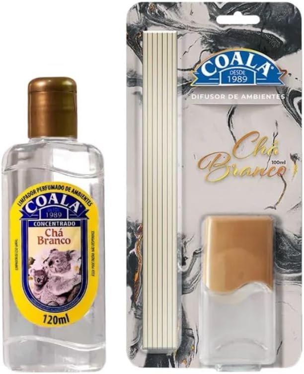 Kit Coala Casa Perfumada Limpador de Ambientes Concentrado 120ml e Difusor de Aromas com Varetas Chá Branco 100ml