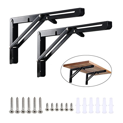 ManYee 2 Pack 11.8inch Length Black Folding Shelf Bracket Wall Mounted Heavy Duty Fold Down Shelf Bench Table with 12 Mounting Screws Support for RV Laundry Room, Max Load 176lb/160kg