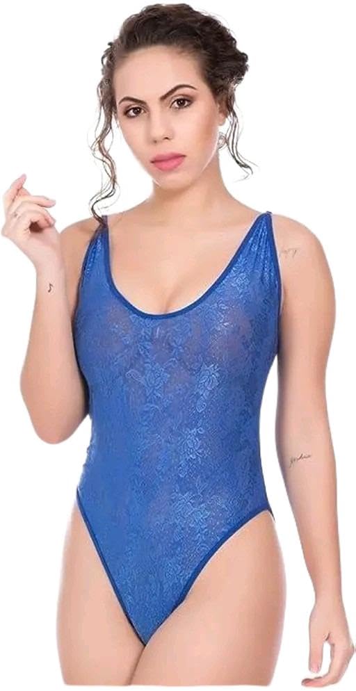 Women's Blue Lace Bodysuit, Sleeveless Scoop Neck, Floral Sheer Thong Teddy Lingerie-image-20