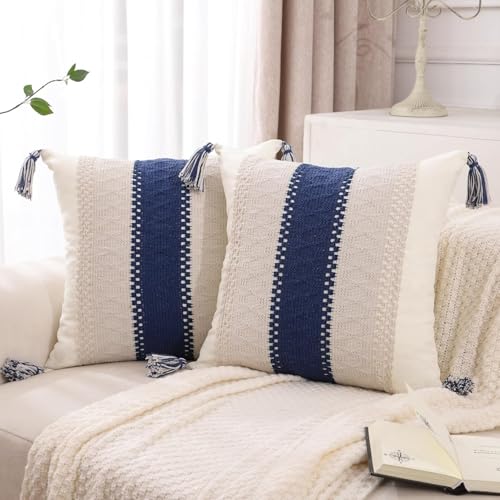 Tosleo Stripe Throw Pillow Covers 18x18 Set of 2 with Tassels Boho Navy Blue Pillow Covers Neutral Coastal Pillowcase Farmhouse Rustic Retro Cushion...