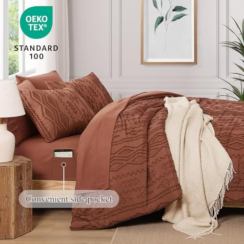 Image of AMBERSPACE King Size Comforter Set Autumn Leaf, Tufted Boho Bedding Farmhouse Bed Set, All Season 7 Pieces Bed in a Bag with Sheets, Pillowcases & Shams