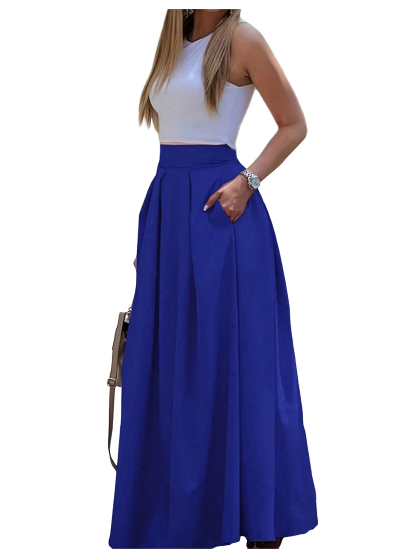 GORGLITTER Womens Flowy Maxi Skirt Pleated High Waist A Line Long Skirts Work Business Trendy Outfits 2025