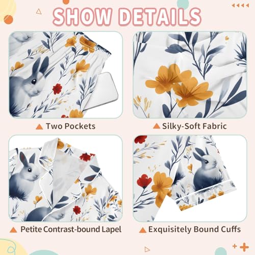 senya Blue White Rabbit O Satin Summer Pajama Sets Silk Short Sleeve Button Down Sleepwear3